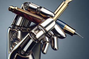 A metallic hand holding a classic fountain pen, symbolizing the intersection of technology and creativity.
