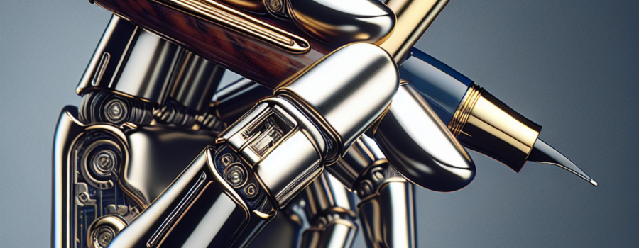 A metallic hand holding a classic fountain pen, symbolizing the intersection of technology and creativity.