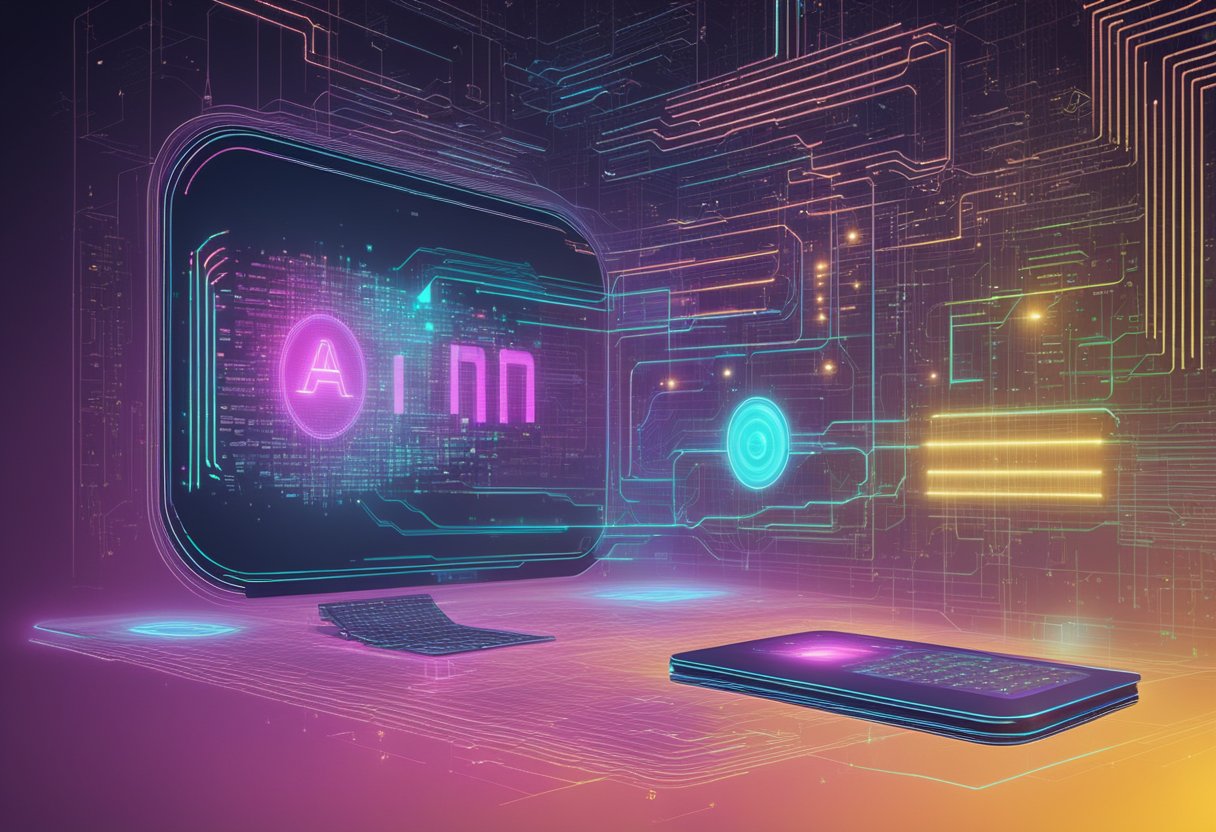 An AI text generator surrounded by digital code and glowing lines, with a futuristic interface displaying words and symbols