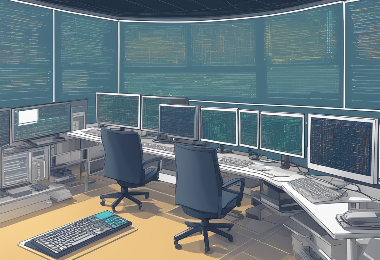 An AI text generator at work, surrounded by screens and computer equipment, with lines of code and text flowing across the screens