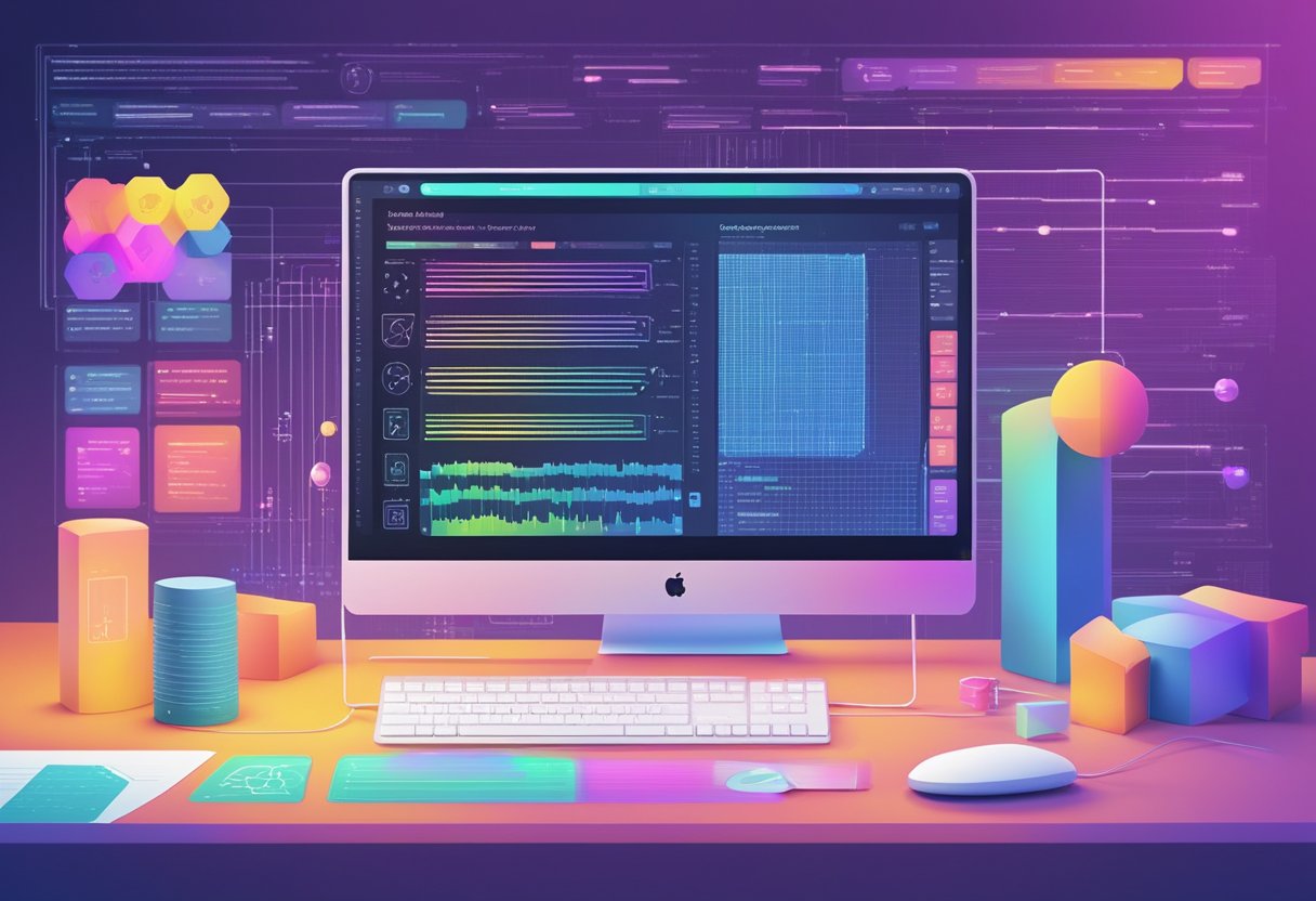 A computer screen displaying various AI text generation tools and software, with colorful interface designs and lines of generated text