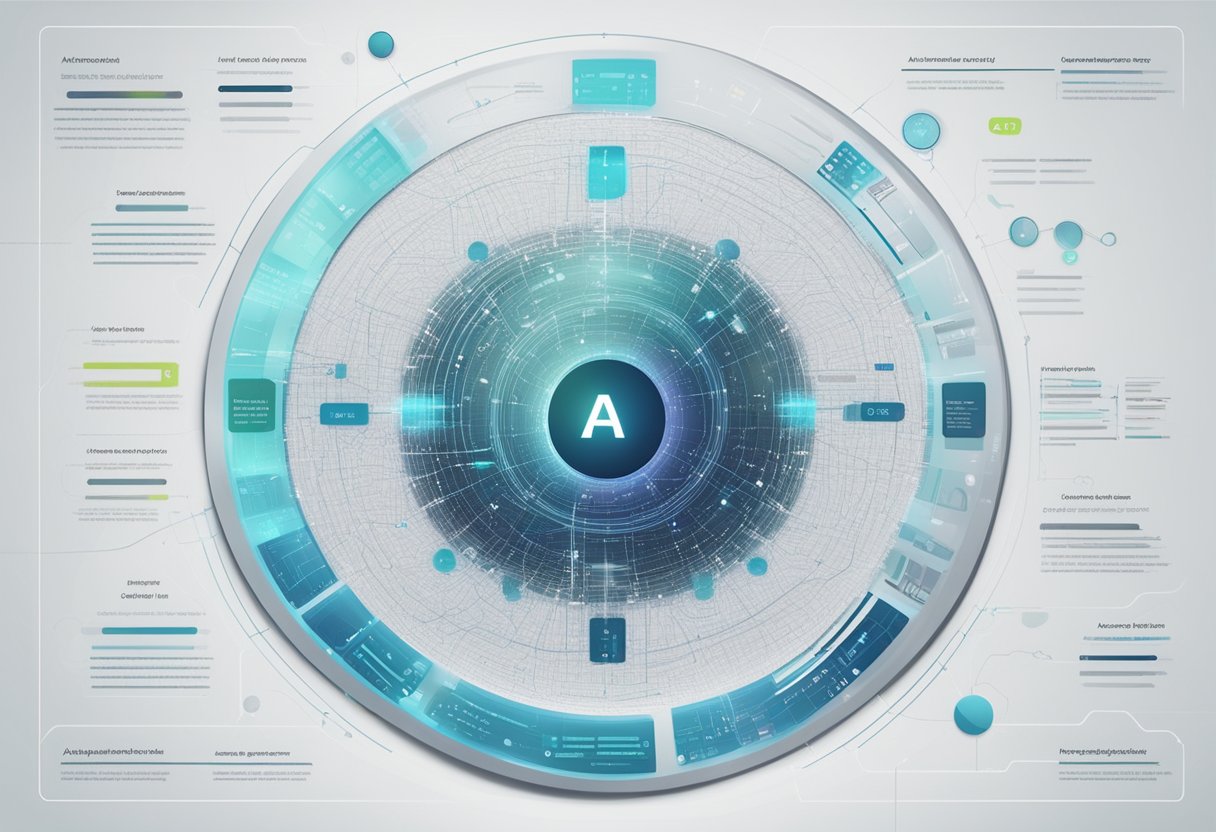 AI text generator analyzing data, processing information, and generating text. Futuristic interface displaying words, algorithms, and neural network connections
