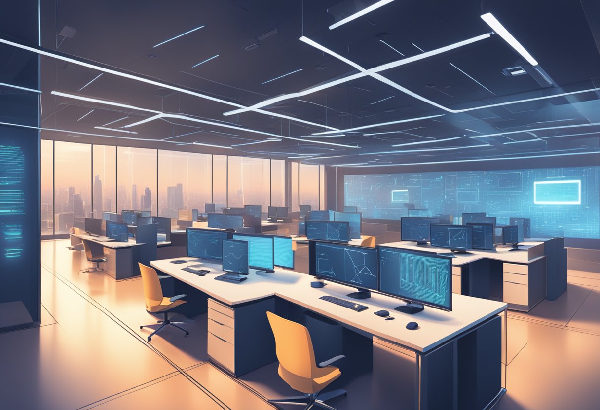 A sleek, modern office space with AI writing software displayed on multiple computer screens. The room is filled with the soft glow of technology, creating a futuristic and efficient atmosphere