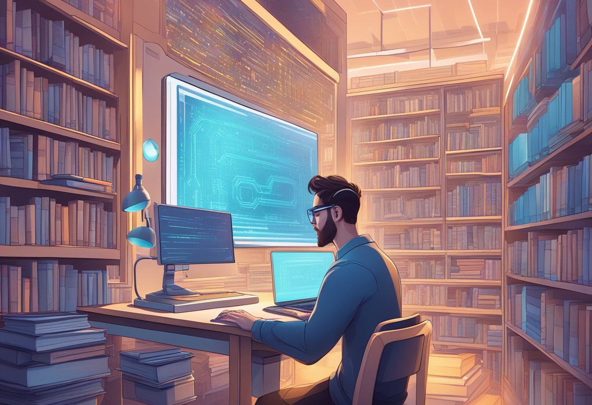 An AI writer generates text on a computer screen, surrounded by books and futuristic technology. The room is filled with a sense of creativity and innovation