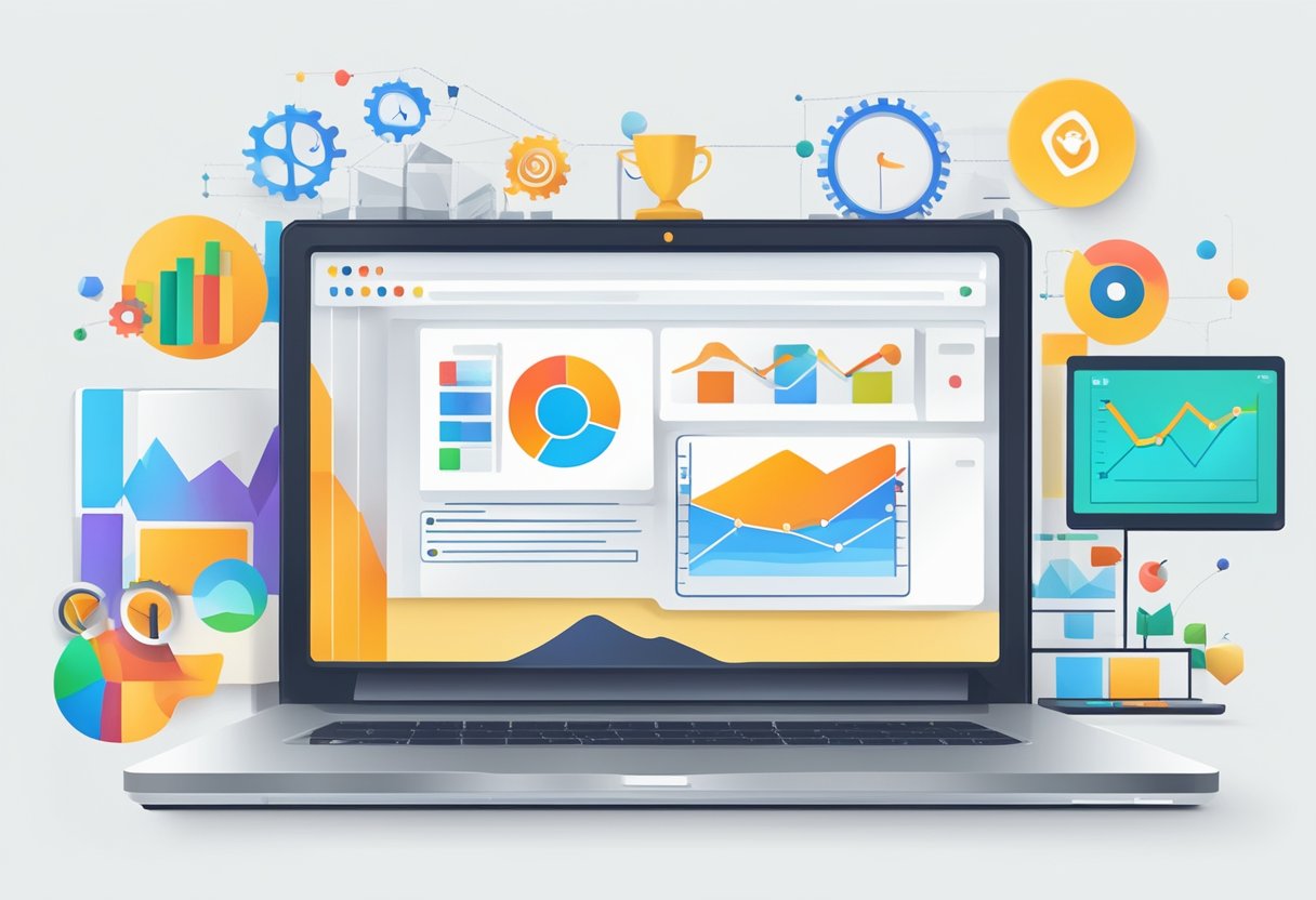 A laptop surrounded by marketing and SEO icons, with a graph showing increasing website traffic in the background