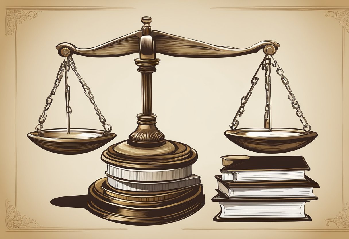 A scale balancing legal books and ethical scales, surrounded by a gavel and a compass