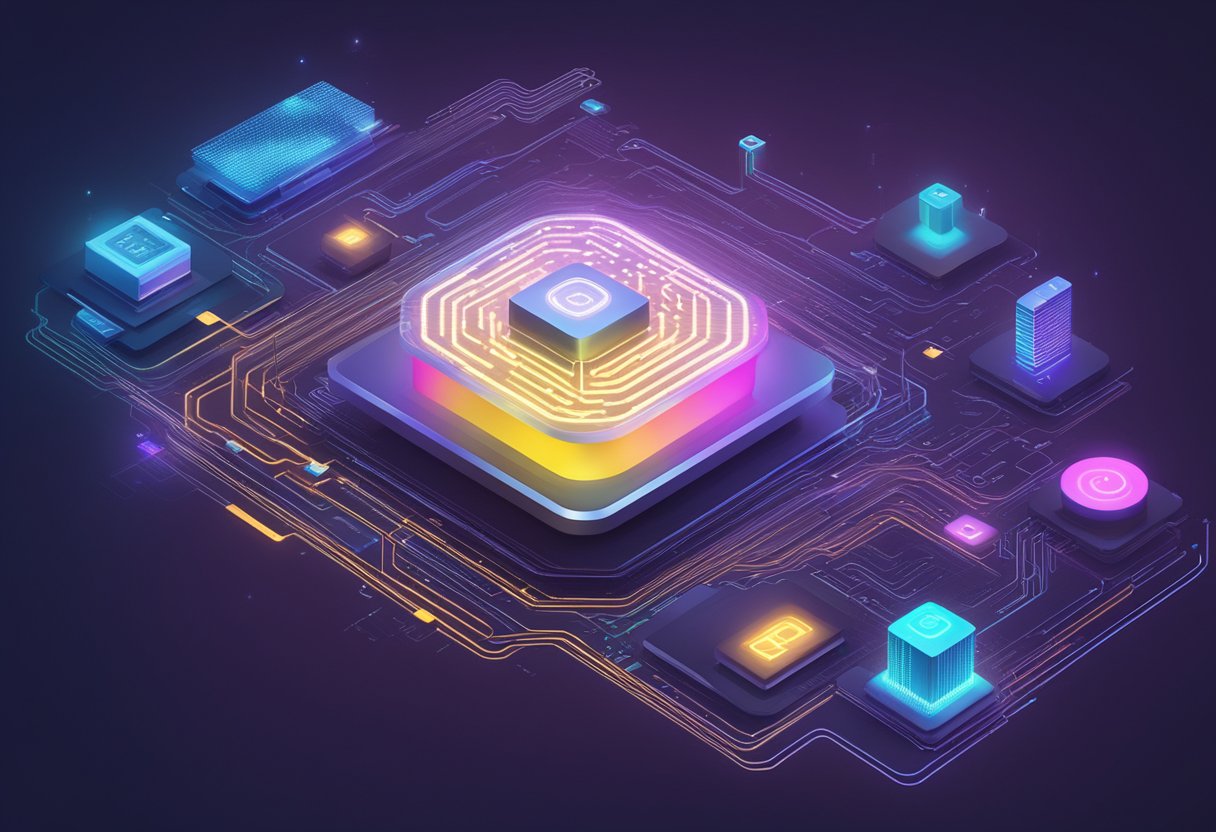 An AI text generator analyzing data with glowing digital interface and streams of information flowing into a central processing unit
