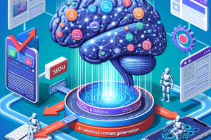 A digital art representation of a futuristic robot holding a pen, symbolizing AI-powered content generation.
