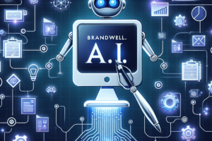 A digital art representation of a futuristic robot holding a pen, symbolizing content creation in a technological context.
