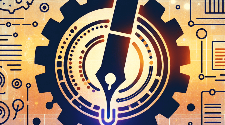 A digital art style image of a futuristic robot holding a pen, symbolizing an AI-powered writing tool.